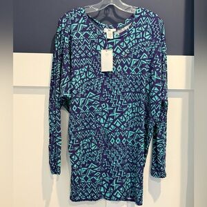 Amelia James Teal and Navy Oversized Geometric Long Sleeve Top Size S NWT